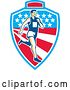 Vector Clip Art of Retro Male Marathon Runner over a Mountain American Stars and Stripes Shield by Patrimonio
