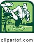 Vector Clip Art of Retro Male Marital Arts Fighter Kicking and Wading in a Swamp Inside a Green Frame by Patrimonio