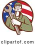 Vector Clip Art of Retro Male Mechanic Holding a Giant Wrench over His Chest in an American Flag Circle by Patrimonio