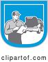 Vector Clip Art of Retro Male Mechanic with a Clipboard and Car in a Blue White and Gray Shield by Patrimonio