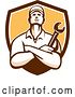 Vector Clip Art of Retro Male Mechanic with Folded Arms, Holding a Wrench in a Brown White and Yellow Shield by Patrimonio