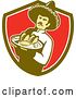 Vector Clip Art of Retro Male Mexican Chef Wearing a Sombrero and Holding a Tray of Tacos, Burritos and Empanadas in a Green White and Red Shield by Patrimonio