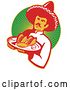 Vector Clip Art of Retro Male Mexican Chef Wearing a Sombrero and Holding a Tray of Tacos, Burritos and Empanadas over a Circle of Rays by Patrimonio