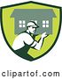 Vector Clip Art of Retro Male Mover Carrying a House in a Green Shield by Patrimonio