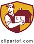 Vector Clip Art of Retro Male Mover Holding a House in a Maroon and Yellow Shield by Patrimonio