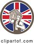 Vector Clip Art of Retro Male Mover Holding a House in a Union Jack Flag Circle by Patrimonio