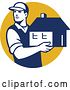 Vector Clip Art of Retro Male Mover Holding a House in a Yellow Circle by Patrimonio