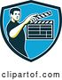 Vector Clip Art of Retro Male Movie Director Holding up a Clapperboard in a Green White and Blue Shield by Patrimonio