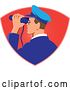 Vector Clip Art of Retro Male Navy Captiain Viewing Through Binoculars in a Red Ray Shield by Patrimonio