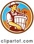 Vector Clip Art of Retro Male Organic Farmer Carrying a Bushel of Harvest Produce, in a Circle Against a Barn and Silo by Patrimonio