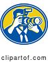 Vector Clip Art of Retro Male Photographer in a Blue and Yellow Oval by Patrimonio