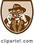 Vector Clip Art of Retro Male Photographer or Detective Taking Pictures in a Brown and White Shield by Patrimonio