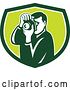 Vector Clip Art of Retro Male Photographer Taking Pictures in a Green and White Shield by Patrimonio