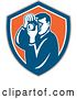 Vector Clip Art of Retro Male Photographer Taking Pictures in a Taupe Blue White and Orange Shield by Patrimonio