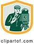 Vector Clip Art of Retro Male Photographer with a Bellows Camera in a Yellow White and Green Shield by Patrimonio