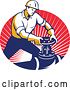 Vector Clip Art of Retro Male Pipe Fitter Plumber Turning a Valve in an Oval of Red Rays by Patrimonio