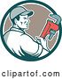 Vector Clip Art of Retro Male Plumber Holding a Monkey Wrench and Looking to the Side in a Teal White and Tan Circle by Patrimonio