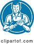 Vector Clip Art of Retro Male Plumber Holding a Monkey Wrench in a Blue and White Circle by Patrimonio