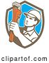 Vector Clip Art of Retro Male Plumber Holding a Monkey Wrench in a Brown White and Blue Shield by Patrimonio