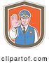 Vector Clip Art of Retro Male Police Guy Gesturing to Stop in a Brown White and Orange Shield by Patrimonio