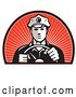 Vector Clip Art of Retro Male Police Officer Driving with Both Hands on the Steering Wheel in an Arch of Red Sunshine by Patrimonio