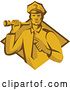 Vector Clip Art of Retro Male Police Officer or Security Guard Shining a Flashlight and Pointing over a Yellow and Brown Diamond by Patrimonio