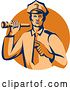 Vector Clip Art of Retro Male Police Officer Shining a Flashlight and Pointing over an Orange Circle by Patrimonio