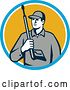 Vector Clip Art of Retro Male Pressure Washer Worker Holding a Washing Gun in a Blue White and Yellow Circle by Patrimonio