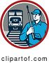 Vector Clip Art of Retro Male Pressure Washer Worker in a Circle with a Train and Tracks by Patrimonio