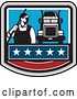 Vector Clip Art of Retro Male Pressure Washer Worker Standing with a Wand over His Shoulder by a Big Rig Truck in a Crest by Patrimonio