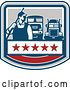 Vector Clip Art of Retro Male Pressure Washer Worker Standing with a Wand over His Shoulder with Big Rig Trucks over a Banner with Stars by Patrimonio