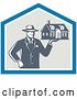 Vector Clip Art of Retro Male Real Estate Agent Holding a House in a Shield by Patrimonio