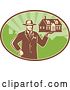 Vector Clip Art of Retro Male Real Estate Agent Holding a House over a Green Oval by Patrimonio