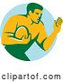 Vector Clip Art of Retro Male Rugby Player Fending off in a Blue Circle by Patrimonio