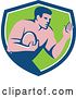 Vector Clip Art of Retro Male Rugby Player Fending off in a Blue White and Green Shield by Patrimonio