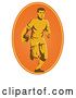 Vector Clip Art of Retro Male Rugby Player Running in an Orange Sunshine Oval by Patrimonio