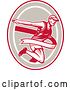 Vector Clip Art of Retro Male Runner Breaking Through a Finish Line in a Red Taupe and White Oval by Patrimonio