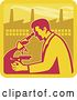 Vector Clip Art of Retro Male Scientist Looking into a Microscope with a Factory in the Background by Patrimonio
