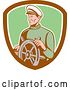Vector Clip Art of Retro Male Sea Captain at the Wheel in a Brown White and Green Shield by Patrimonio