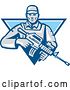 Vector Clip Art of Retro Male Soldier with an Assault Rifle in a Blue Triangle by Patrimonio