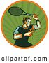 Vector Clip Art of Retro Male Tennis Player Athlete Pointing and Holding up a Racket in a Green Ray and Orange Circle by Patrimonio