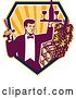 Vector Clip Art of Retro Male Waiter Serving Wine over Barrels in a Shield of Rays by Patrimonio