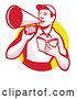 Vector Clip Art of Retro Male Worker Holding a Book and Using a Bullhorn in a Yellow Circle by Patrimonio