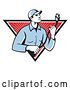 Vector Clip Art of Retro Male Worker Holding a HDMI Cable and Emerging from a Black White and Red Rays Triangle by Patrimonio