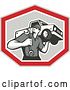 Vector Clip Art of Retro Mechanic Carrying a Wrench and Pickup Truck in a Shield by Patrimonio