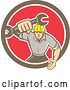 Vector Clip Art of Retro Mechanic Guy Running and Holding a Giant Spanner Wrench in a Bown White and Red Circle by Patrimonio