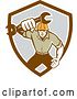 Vector Clip Art of Retro Mechanic Guy Running and Holding a Giant Spanner Wrench in a Brown White and Gray Shield by Patrimonio