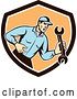 Vector Clip Art of Retro Mechanic Guy Shouting and Holding a Spanner Wrench in a Brown White and Orange Shield by Patrimonio