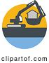 Vector Clip Art of Retro Mechanical Digger Machine Moving a House in a Yellow Gray and Blue Circle by Patrimonio