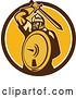 Vector Clip Art of Retro Mongol Horde Barbarian Warrior Holding a Sword and Shield in a Brown White and Yellow Circle by Patrimonio